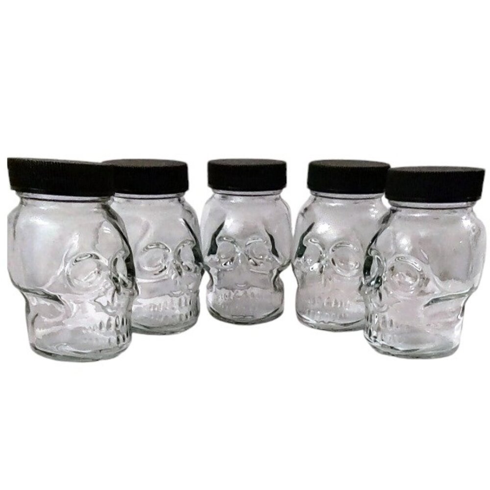 5 Skull Jars with Lids 4.5 oz Clear Glass